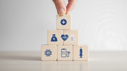 Health insurance concept hand placing wooden blocks with medical icons for healthcare planning