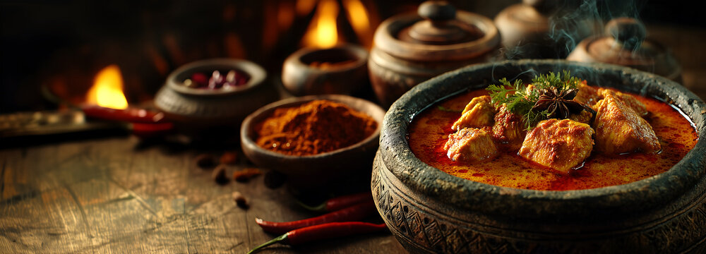 Creative food template. Spicy steamy mutton curry stew gravy on rustic clay pot, with spices herb chili turmeric powder, with blurred fireplace background. copy text space. Long banner

