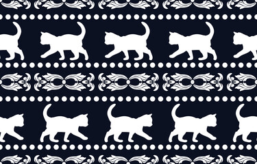 Vector seamless pattern with cat silhouettes and tribal geometric motifs. Monochrome design. Use this pattern for creating pet themed designs, textile prints, packaging, and more. Perfect for cat love