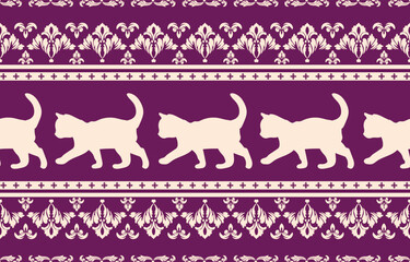 Vector seamless pattern with cat silhouettes and tribal geometric motifs. Monochrome design. Use this pattern for creating pet themed designs, textile prints, packaging, and more. Perfect for cat love