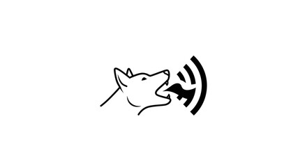 Minimalist line art icon of a barking dog with sound waves.