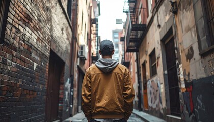 Obraz premium Close-Up of Person from Behind in Urban Alley – Streetwear Full-Width Composition