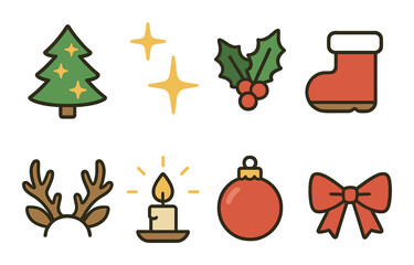 Festive christmas icons: tree, candle, ornament, holly, stocking, antlers, bow, stars