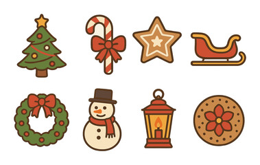 Festive christmas icons: tree, candy cane, star, sleigh, wreath, snowman, lantern, cookie