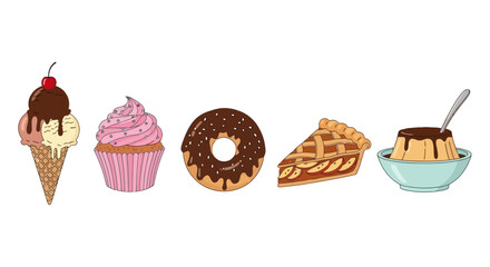 Delightful dessert illustration featuring ice cream, cupcake, donut, pie, and pudding for use in menus and food-related designs. Ideal for promoting bakeries, cafes, or recipe websites.