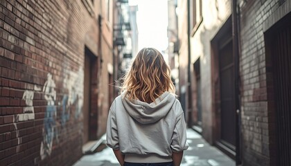 Fototapeta premium Close-Up of Person from Behind in Urban Alley – Streetwear Full-Width Composition