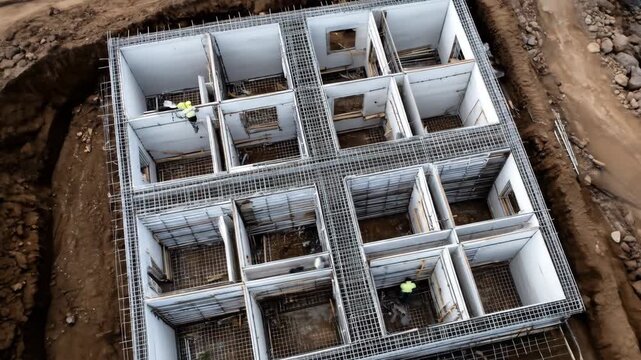 Aerial view of concrete slabs and reinforcement structures at a construction site, symbolizing precision and the foundation of modern architecture.