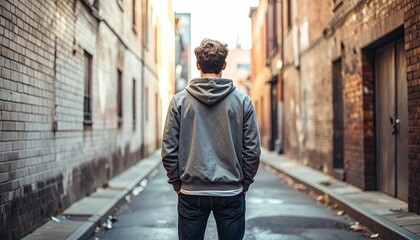 Fototapeta premium Close-Up of Person from Behind in Urban Alley – Streetwear Full-Width Composition