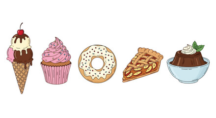 Colorful assortment of hand-drawn desserts including ice cream, cupcake, donut, pie and pudding. Ideal for illustrating food blogs, recipe books, or confectionery-themed designs.