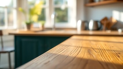 A close-up detail of a wooden table surface with a soft kitchen background.