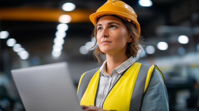 A female engineer in safety gear conducting an OSHA checklist on her laptop standing in a bright industrial facility with machinery behind her reflective surfaces glowing under