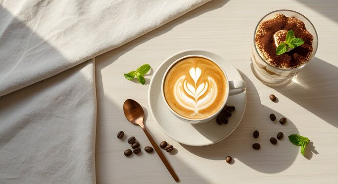 Minimalist coffee flat lay with latte art and tiramisu on wooden table, cozy cafe aesthetic, ai generation - Powered by Adobe