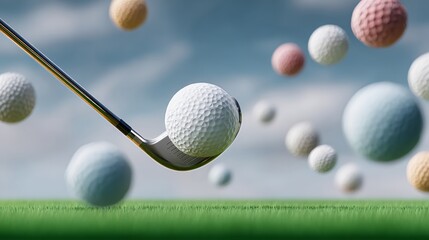 A golf ball is in the air with a golf club. The golf ball is surrounded by many other golf balls