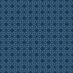 Fototapeta premium Vector seamless pattern in ethnic folk style. Simple floral geometric ornament texture with star shapes, lattice, grid. Navy blue background. Bold design for textile, wallpaper, fabric, decor, print