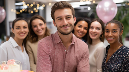 A cheerful office team gathered together posing with their boss smiling widely as they stand near a decorated desk bright interior lighting enhancing the celebratory mood