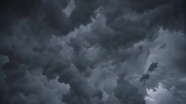 Dark storm cloud formation fills sky with rolling dark cloud and lightning flash, dramatic thunder rumble and heavy rain hint, turbulent weather panorama night showing powerful storm and ominous sky