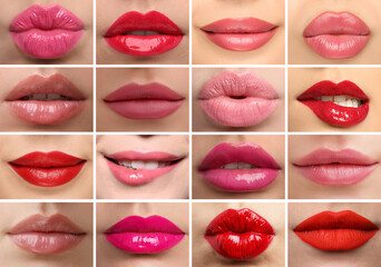 Women's lips with lipsticks of different shades, collage