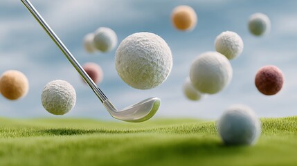 A golf ball is in the air and a golf club is in the foreground. The golf ball is surrounded by many other golf balls, creating a sense of chaos and disarray. The image conveys a feeling of excitement