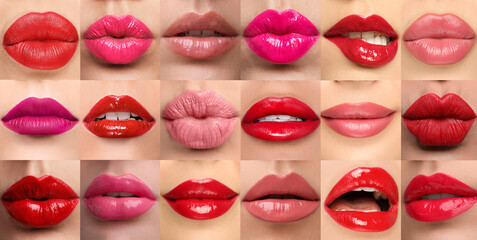 Women's lips with lipsticks of different shades, collage