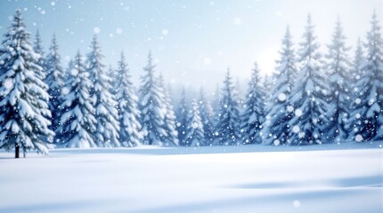 Fototapeta premium Winter wonderland scene snowy forest landscape christmas background with falling snow and pine trees