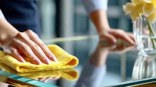 Meticulous Maintenance: A close-up shot of hand cleaning the surface reflects a dedication to impeccable cleanliness and detail, highlighting the delicate work on glossy table