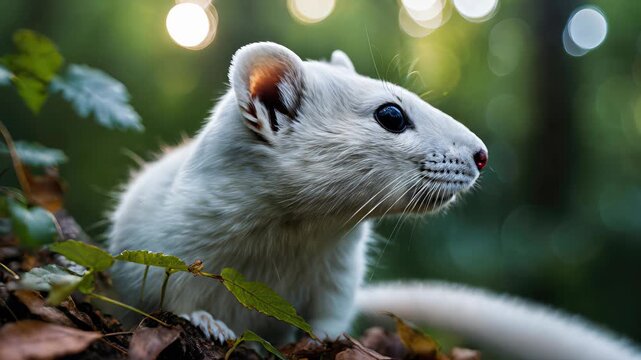 White weasel exploring a lush forest habitat during daylight hours in a serene natural environment