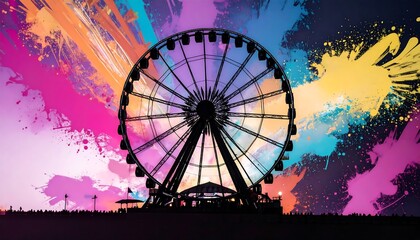 Ferris Wheel at Night, Colorful Splashes