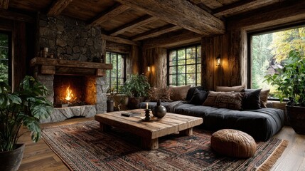Interior of a cozy wooden cabin with rustic decor