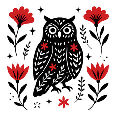 Folk Art Black and White Owl Illustration. Vector illustration of a stylized owl in folk art style, with ornamental feathers and surrounded by floral elements. Minimalist black and white design
