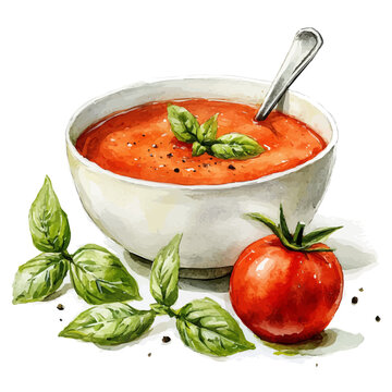 watercolor tomato soup with basil clip art preview
