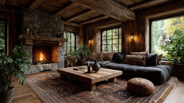 Interior of a cozy wooden cabin with rustic decor