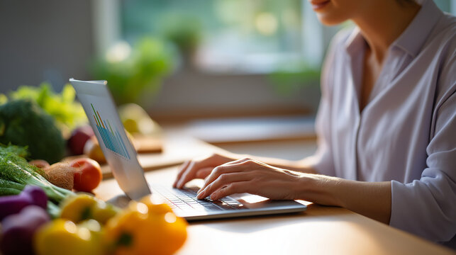 A professional nutritionist preparing a personalized diet and exercise plan laptop screen open with charts and graphs fresh fruits vegetables and fitness equipment placed