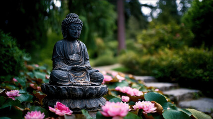 Serene Buddha statue sits gracefully amidst vibrant pink lotus flowers in tranquil garden setting, evoking sense of peace and harmony in nature