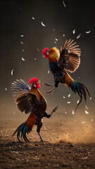 Two roosters are engaged in a fierce fight