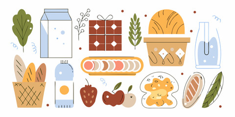 A charming collection of illustrated food items and decorative elements for a delightful picnic or healthy eating theme