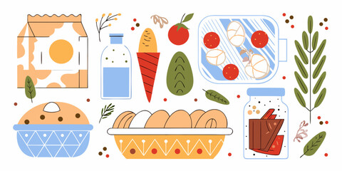 A whimsical collection of food items and ingredients arranged in a flat design style