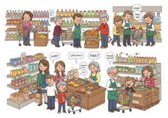 People Shopping In Supermarket Illustration With Transparent Background