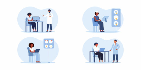 Diverse medical professionals and patients interacting in healthcare settings with technology and diagnostic tools