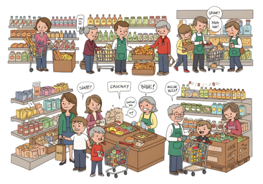 People Shopping In Supermarket Illustration With Transparent Background - Powered by Adobe
