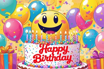 Naklejka premium Smiley face with birthday cake and colorful balloons for celebration 
