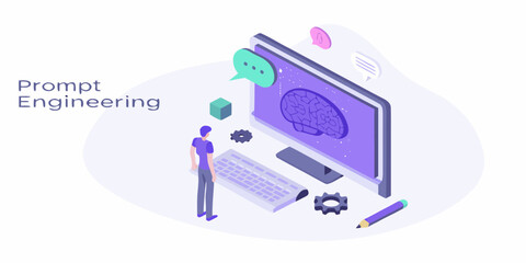 Prompt engineering concept with person interacting with computer displaying brain and chat bubbles