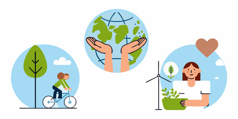 Illustration of environmental protection concepts including cycling earth care and renewable energy with a person planting