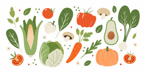 A vibrant collection of fresh vegetables and produce arranged in a delightful flat illustration style