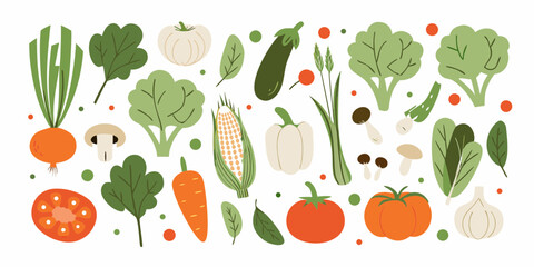 A vibrant collection of fresh vegetables and leafy greens arranged in a delightful pattern