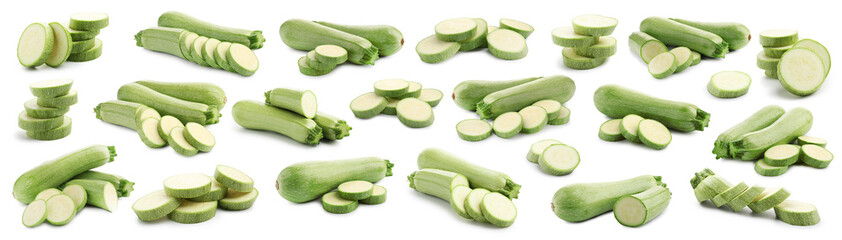 Fresh ripe zucchinis isolated on white, collage. Whole and cut