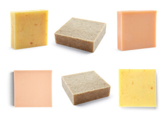 Different soap bars isolated on white, set