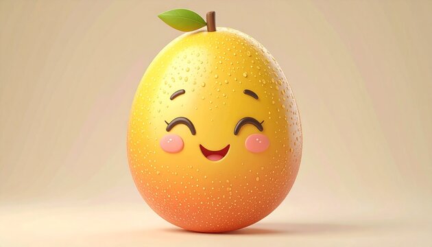 Smiling kawaii mango with dewy skin and a happy face. Adorable 3D render of an anthropomorphic fruit character