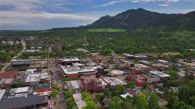 Pearl Street Mall Eben G Fine Boulder creek front range college town of University of Boulder Colorado Chautauqua Park Flatirons aerial drone summer spring Green mountain blue sky sunny circle right
