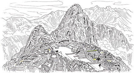 Fototapeta premium Minimalist one-line art of Machu Picchu in Peru. An iconic Incan citadel and world heritage site drawn as a continuous line vector.
