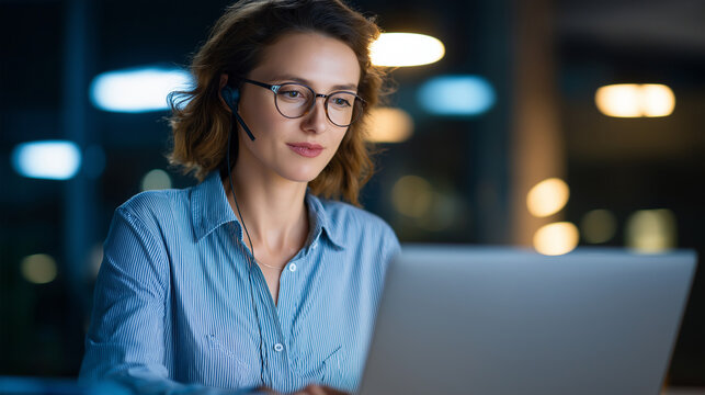 A professional woman using her laptop to tutor math headset on as she explains formulas during an online session soft home office lighting blending with digital screen glow atmo